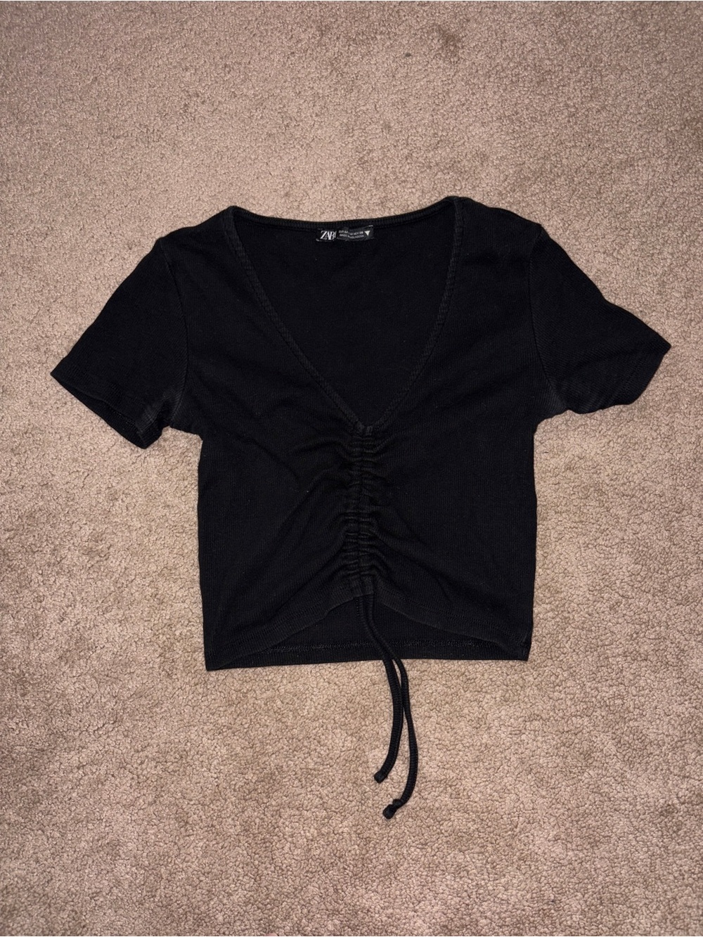 Zara Black Front-Ruched V-Neck Crop Top